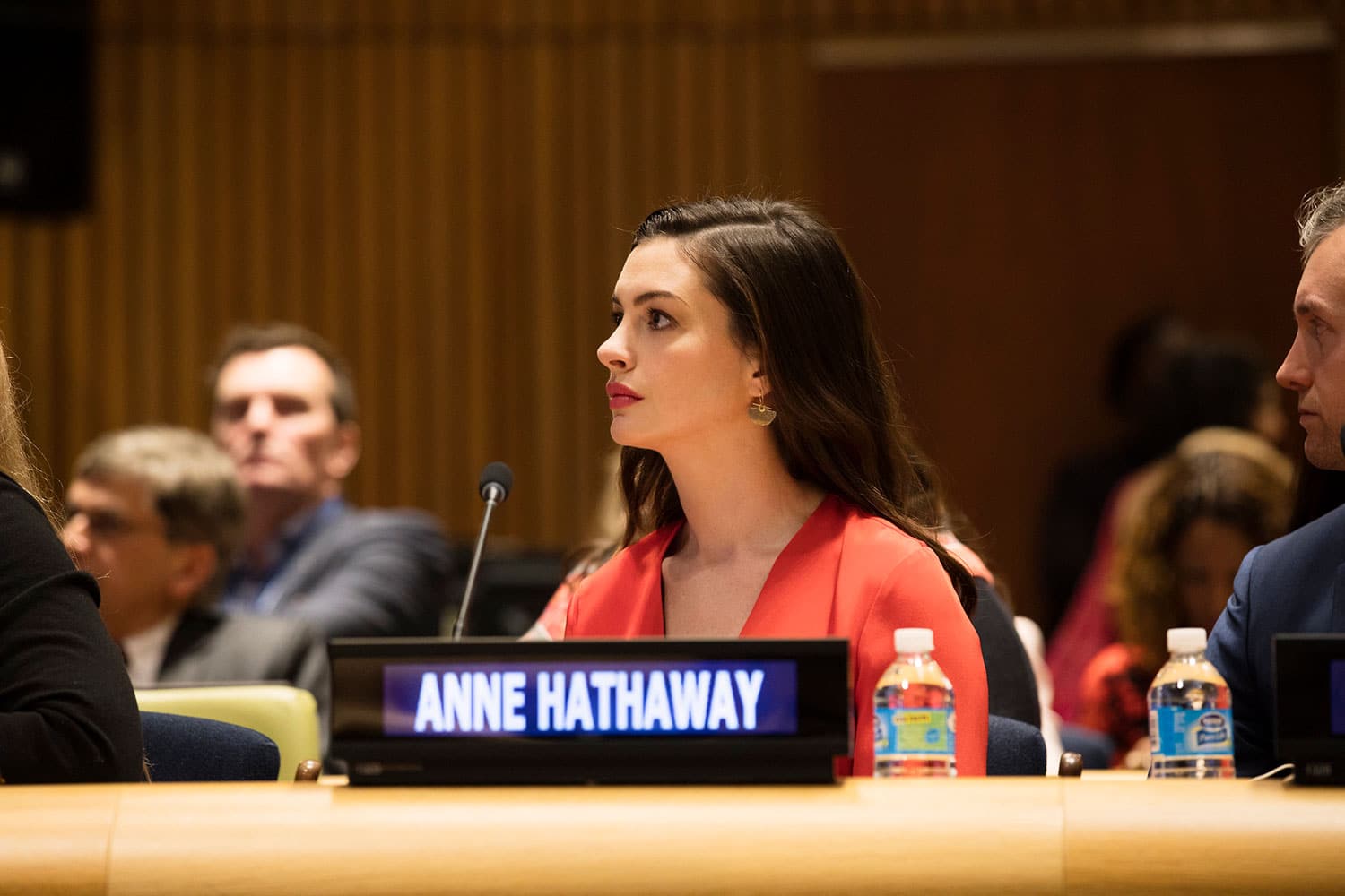 UN Women Global Goodwill Ambassador Anne Hathaway before delivering her keynote address. (Photo: UN Women/Celeste Sloman)
